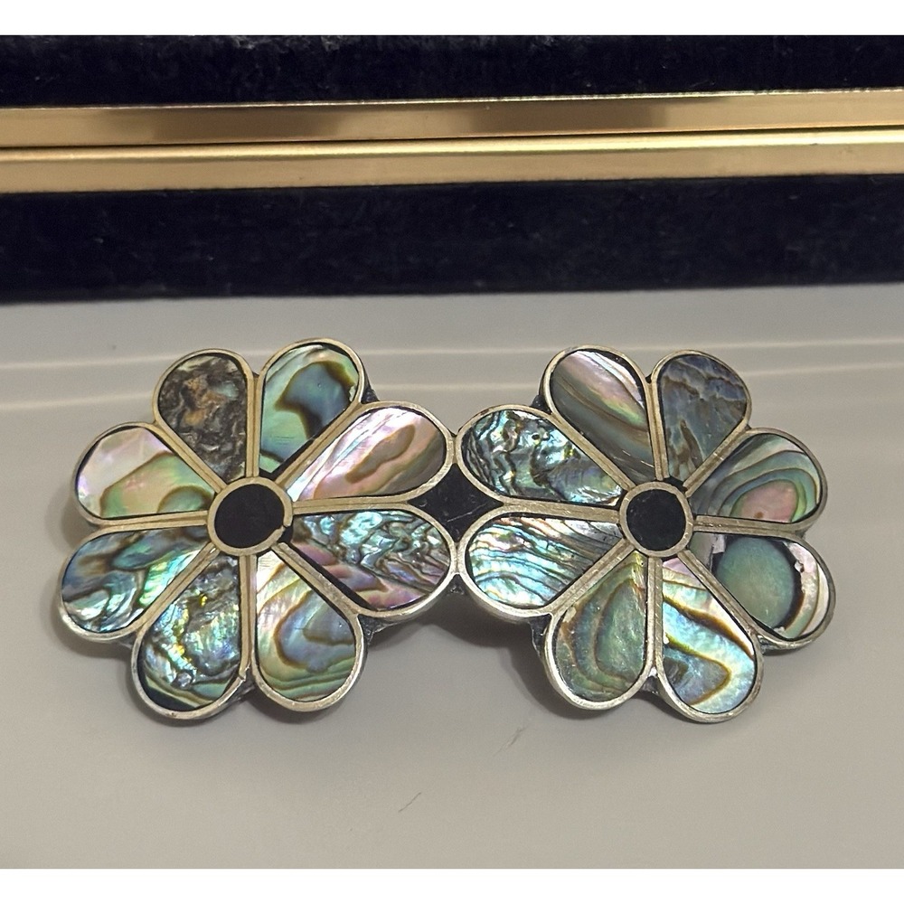 Vintage Alpaca Mexico Abalone Inlay Enamel Flower Hair Barrette Clip 2.5in